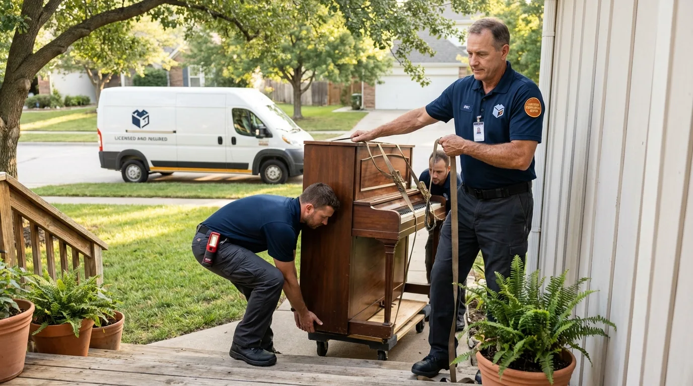 Licensed piano movers securing grand piano in Danby, VT