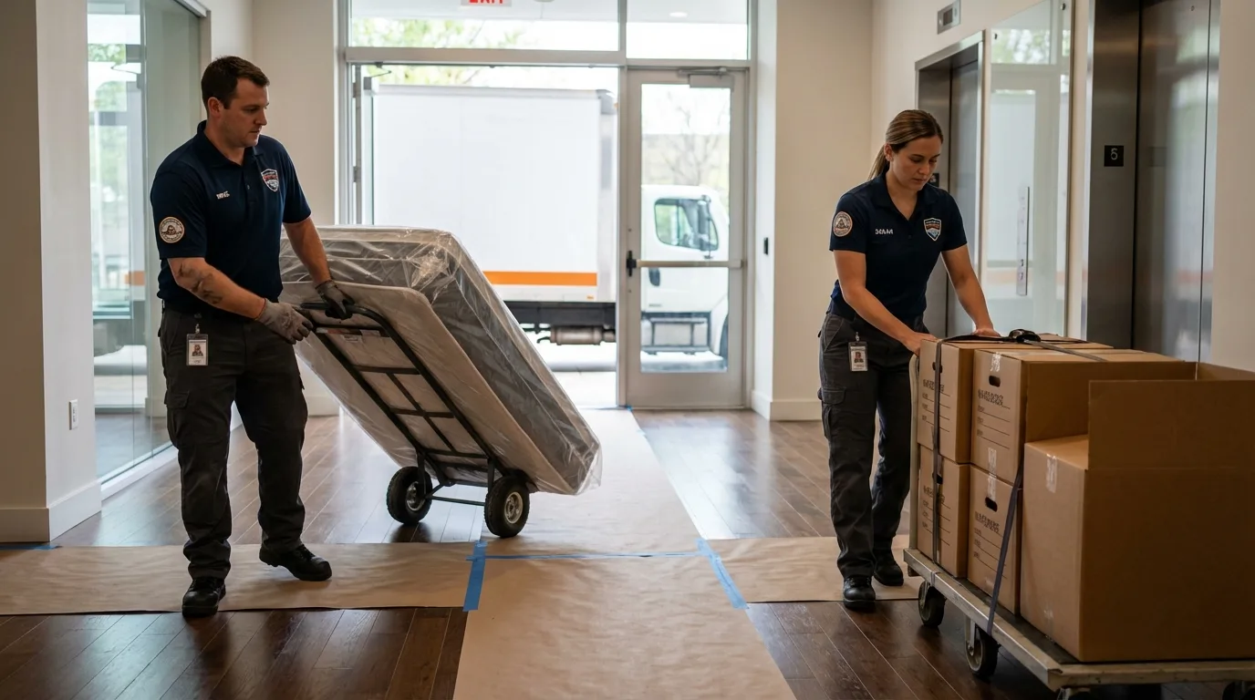 Professional apartment movers loading elevator in Danby, VT